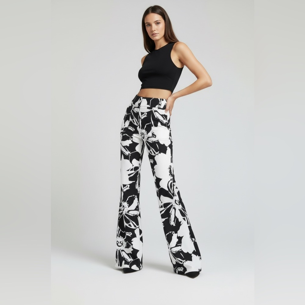 LuLaRoe Emery Wide Leg Pants • Black White Abstract Floral • Rayon Ponte
